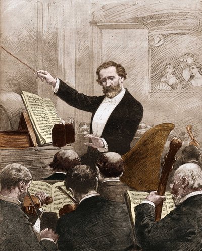 1880年にパリで行われた「アイーダ」の初演で、オペラ・オーケストラを率いて登場したジュゼッペ・ヴェルディ。 作： French School