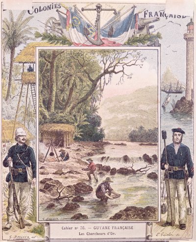 フランス語ガイアナの金掘り、学校の練習帳の表紙、1880年頃 作： French School