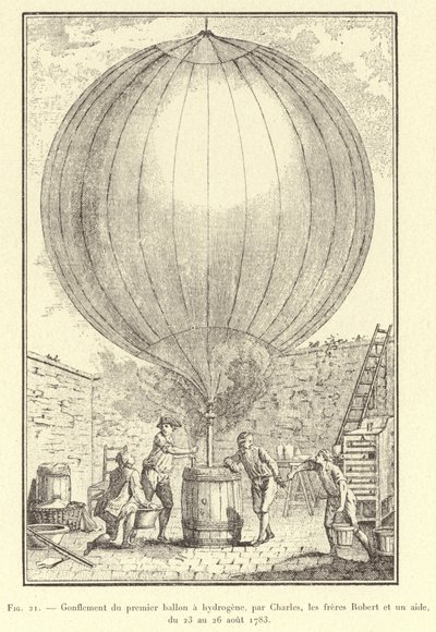 1783年8月23日から26日にかけて、チャールズ、ロバート兄弟、ヘルパーが行った最初の水素気球の爆破作業（エングレービング 作： French School