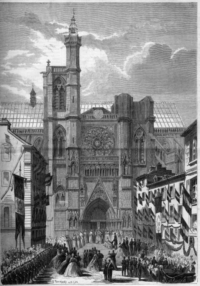 ゴシック建築：1862年にナポレオン3世とImpress Eugenie de Montijoが訪問した際の、ピュイ・ド・ドーム（63）にあるクレモン・フェランのノートルダム大聖堂の眺め。1862年7月19日付「Le Monde Illustré」275号に掲載されたエングレーヴィング。 作： French School