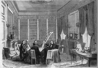第二帝政期の政府。皇帝ナポレオン3世(1808-1873)が主宰する閣僚会議(コンピエーニュ宮殿の図書館で開催) 作： French School