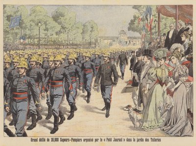 パリのチュイルリー公園を練り歩く2万人の消防士の大パレード（カラーリトグラフ） 作： French School