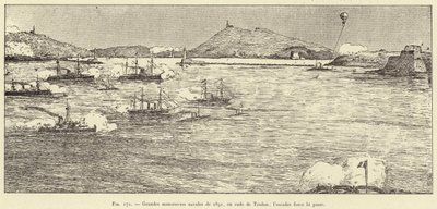 1891年の海軍の大演習、トゥーロンの船着き場で、飛行隊はパスを強行する（エングレーヴィング 作： French School