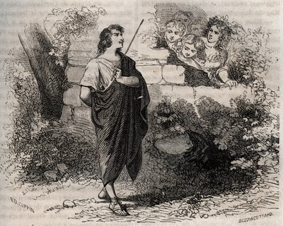ギリシャ神話。バッキスたちはギュゲスを誘惑しようとするが、ギュゲスはそれを拒み、亡くなった妻に忠実であり続ける。Henry de Kock (1819-1892)の「Histoire Des Cocuses Celebres」に掲載されている1871年のエングレーヴィング。 作： French School