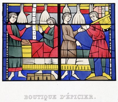 食料品店。Ferdinand de Lasteyrie著「Histoire de la peinture sur verre」に掲載されている中世のステンドグラスのFac simileを紹介します。 作： French School