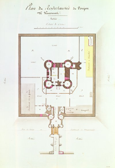 1810年のヴァンセンヌ刑務所の1階平面図（ペンとインク） 作： French School