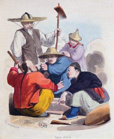 サイコロを振る中国人男性のグループ、1850年頃（色の彫刻） 作： French School