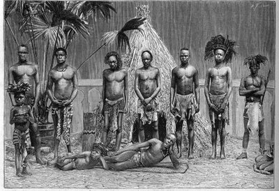 1889年のパリ万博に出展されたアンゴラ一座の男性グループ（人間動物園）。 作： French School
