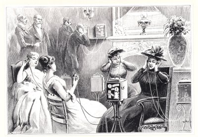 1892年に出版されたLa NatureのMarinovitchsとSzarvadys Theatrophoneのオペラまたは劇場公演の直接中継を聞くパリのホテルのゲスト 作： French School