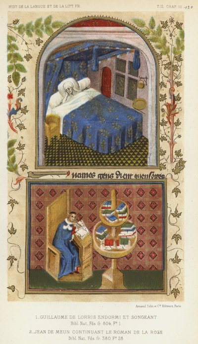 Guillaume De Lorris Asleep And Thinking, Jean De Meun Continuing Le Roman De La Rose (カラーリトグラフ) 作： French School