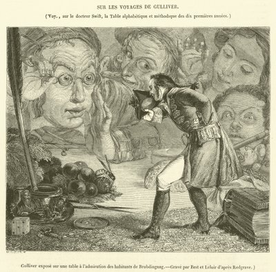 ブロブディンナグの住人の賞賛のためにテーブルの上に飾られたガリバー(彫刻) 作： French School