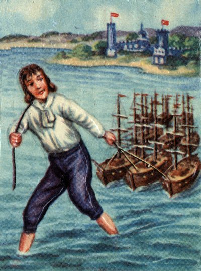 リリパット港に向かって敵船を砲撃するガリバー。ジョナサン・スウィフト（1667-1745）の物語「ガリバー旅行記」の挿絵。 作： French School
