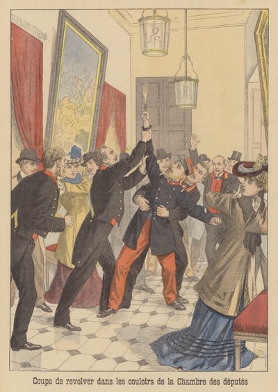 フランス下院の廊下での銃声（カラーリトグラフ） 作： French School