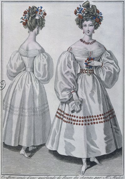野生の花の花輪のある髪型、パリ、1829年（カラー彫刻） 作： French School