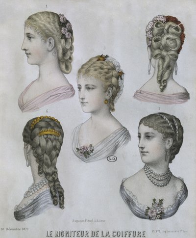 ヘアスタイル、1879年12月10日、ルモニテュールデラヘアのイラスト（カラー彫刻） 作： French School