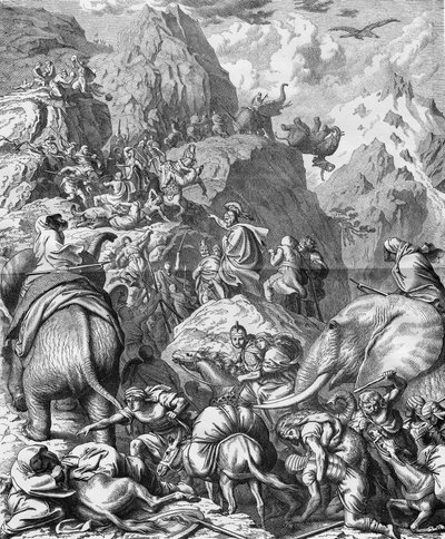 ハンニバルが象を連れてアルプスを越え、イタリアに到着したところ（第二次ポエニ戦争）。19世紀のエングレーヴィング。 作： French School
