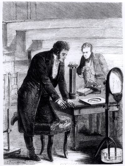 ハンスクリスチャンエルステッド（1777-1851）が1820年に閉電流によって磁気針の偏差を発見した、ルイフィギエ（1819-94）によるLes Merveilles de la Scienceから、1867 作： French School