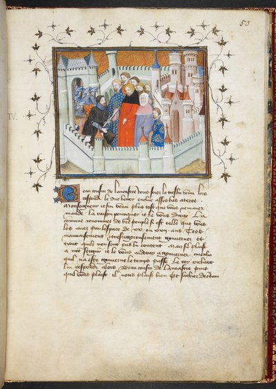 ハーレー1319 f.50、フリント城のリチャード2世とボリングブローク、1401-05年頃（ベラム） 作： French School