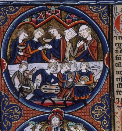 ハーレー 1527 fol.36v ミュージシャンとの宴会、「聖書のモラリゼ」、パリ、1240年頃（ベラム） 作： French School