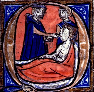 ハーレー 3140 fol.39 ヒポクラテス (紀元前 460 ～ 377 年) と患者を描いた歴史的なイニシャル 