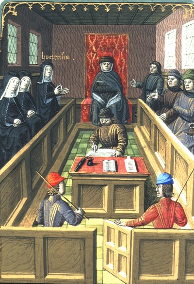 Harley 4375 fol.138v Triumvirateの前のオルテンシア、ヴァレリウス・マクシムスの「ローマ人と他の人々の事実と言葉」より 作： French School