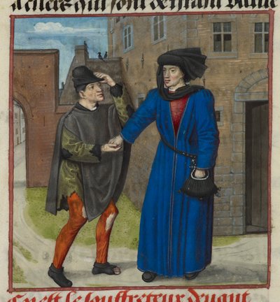 Harley 4425 f.47v ローマ・デ・ラ・ローズ、c.1490-1500（ベラム）から、彼の真の友人からお金を与えられている患者のミニチュアの詳細 作： French School