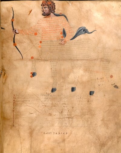 Harley 647、f.3v射手座の星座のイラスト、「Harley Aratus」by Marcus Tillius Cicero