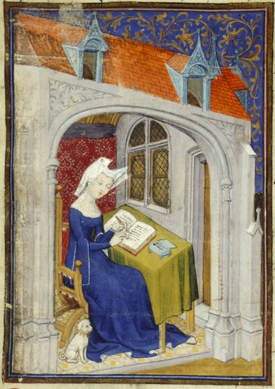 Harley MS 4431 f.004r 「Cent balades」の冒頭の書斎にある Christine de Pizan のミニチュアの詳細、c.1410-14 (羊皮紙にインクとカラー) 作： French School