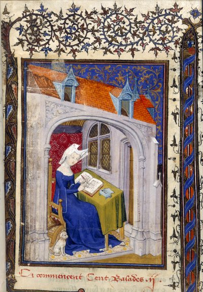 Harley MS 4431 f.004r 「Cent balades」の冒頭の書斎にある Christine de Pizan のミニチュアの詳細、c.1410-14 (羊皮紙にインクとカラー) 作： French School