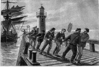 ボートを牽引する運搬船、19世紀後半。1899年3月26日の "Journal des Voyages "に掲載された版画。 作： French School
