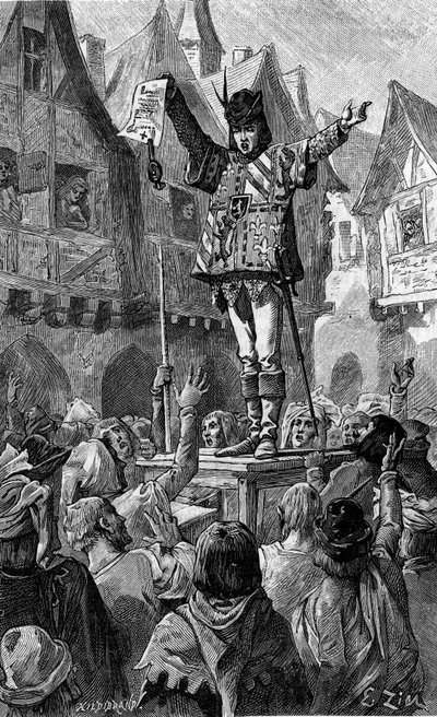 手には巻物を持っていた。ジョセフィーヌ・コロンブの小説「Pour la patrie!"ジョセフィーヌ・コロンブの小説「Pour la patrie!"Le Journal de la jeunesse "にて 作： French School