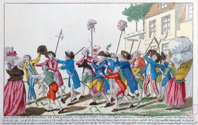 1789年10月5日にベルサイユでパリの暴徒によって殺された2人の王の警備員の頭が勝利を収めてパリに運ばれました 作： French School