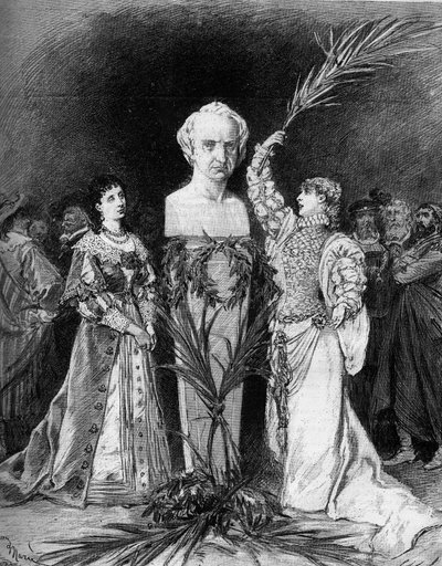 ヴィクトル・ユーゴー（1802-1885）の胸像の前で、フランソワ・コッペ作の「エルナニの戦い」を朗読するサラ・ベルナール（1844-1923）と呼ばれるアンリエット・ロジーヌ・ベルナール。パリ、コメディ・フランセーズ 作： French School