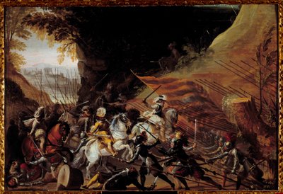 ヘンリー4世（1589-1610）が騎兵隊の先頭に立ってロードする様子。17世紀の匿名のフランス絵画。木に油彩。寸法：0.35×0.52m。ポー、シャトー美術館 作： French School