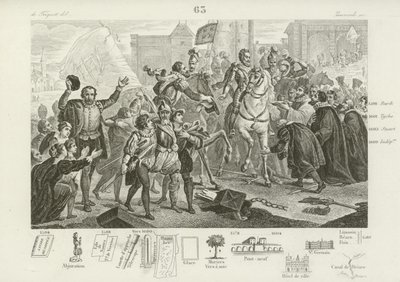 1594年3月22日、市の知事であるブリサックコントを伴ってパリに入るフランスのアンリ4世 作： French School