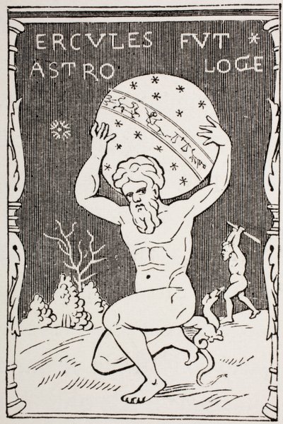 1873年に出版された「Les Arts au Moyen Age」からアトラスがヘスペリデスのリンゴを収集する間、世界を背負ったヘラクレス 作： French School