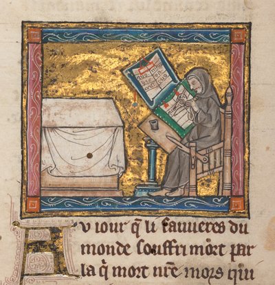机で書く隠者、「Estoire del Saint Graal、La Queste del Saint Graal、Morte Artu」のミニチュア、c.1315-25（羊皮紙のインク） 作： French School