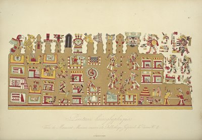 ウィーン帝国図書館に保存されていたメキシコ写本IIの象形文字の絵画、アレクサンダーフォンHによるコルディジェラの眺めとアメリカ先住民の記念碑のイラスト 作： French School
