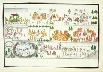 1774年に公開された、ジェンティルアルバムからのダセラ、ディワリ、ホーリーを含むヒンズー教の祭り 作： French School