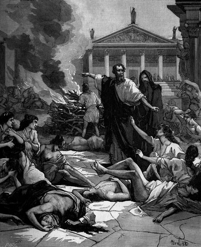 ヒポクラテス（ギリシャ語でHippokrates）ギリシャの医師（紀元前460年から380年）アテネスに到着し、大きな火を灯して疫病を退治する。 作： French School