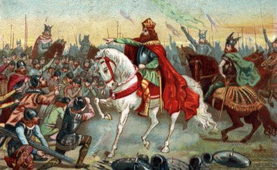 中世のガリアの歴史。戦争に勝利したシャルルマーニュ王（742〜814）の前に跪くゲルマン・サクソン人。19世紀末のクロモリトグラフ。 作： French School