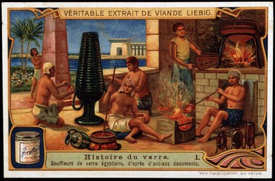 ガラスの歴史：エジプトの吹きガラス職人、古文書に基づくリービッヒ・クロモリソグラフィー 作： French School