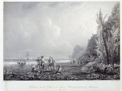 フランス植民地の歴史：1625年から1635年にかけて、西インド諸島のサン・クリストフ（セント・キッツ）とマルティニークの植民地を創設したのは、フランス人のピエール・ベラン・デナンブク。入植者たちは先住民を捕らえている。18世紀のエングレーヴィング C 作： French School