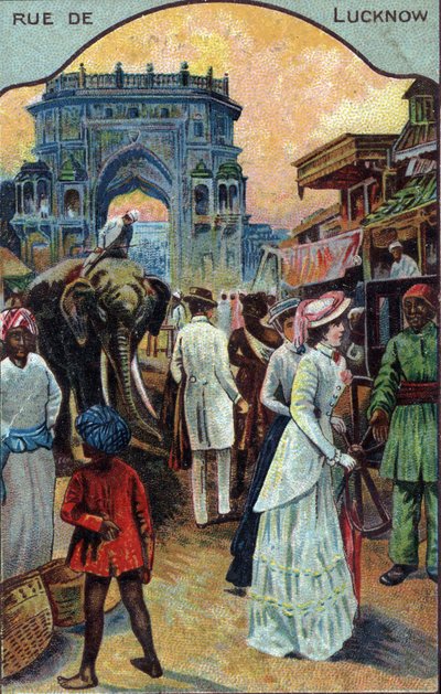観光の歴史：インド、ラクナウの通りの西洋人観光客 (インド、ラクナウの通りの西洋人観光客) 19世紀のクロモリトグラフィー 個人蔵 作： French School