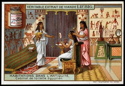 古代の家。エジプトのバスルーム - リービッヒの広告ステッカー 作： French School