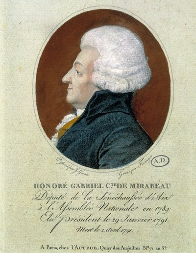ミラボー伯オノレ・ガブリエル（オノレ＝ガブリエル）・リケティ（1749年～1791年）：1789年にエクスのセネショセの国民議会副議長、1791年1月29日に大統領に選出され、1791年4月2日に死去。 作： French School