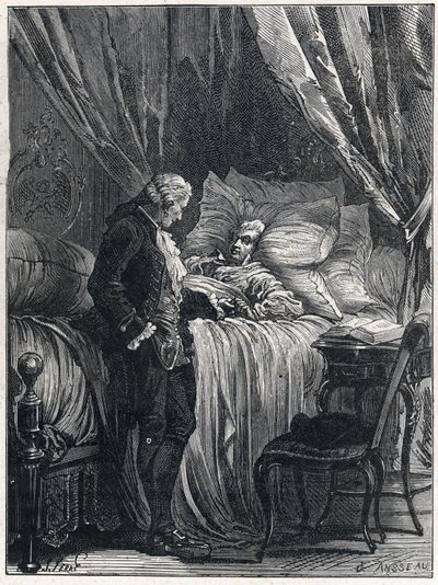 ミラボー伯爵（1749-1791）のオノレ・ガブリエル（Honore-Gabriel）・リケティは、1791年に主治医のジョルジュ・カバニ（1757-1808）とともに臨終を迎えた。 作： French School