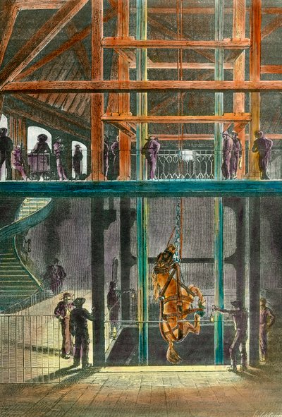 1865年、クルーゾー鉱山での馬の降下。19世紀のエングレーヴィング。個人蔵。 作： French School