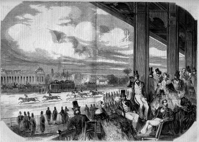 1858年、シャンティのハイポドロームで行われた競馬。 作： French School