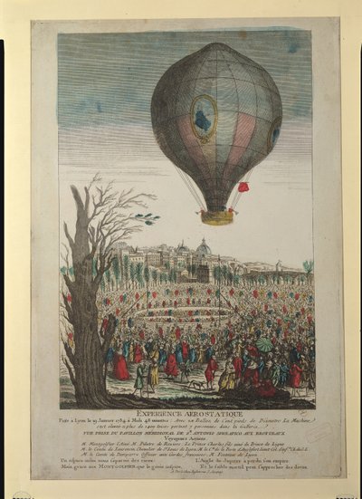 1784年1月19日、リヨンでのモンゴルフィエ兄弟とフランソワピラトレドゥロジェ（1754-85）による熱気球実験 作： French School